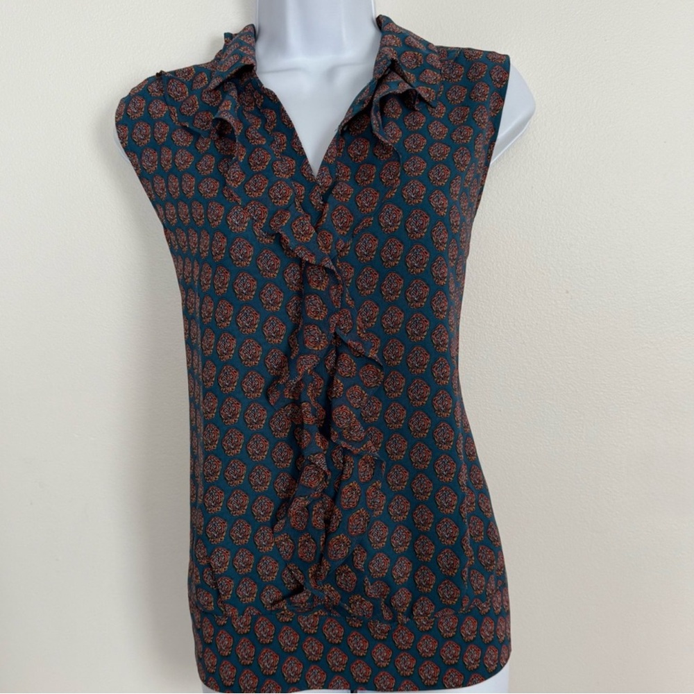 CAbi Teal and Rust Patterned Ruffle Blouse